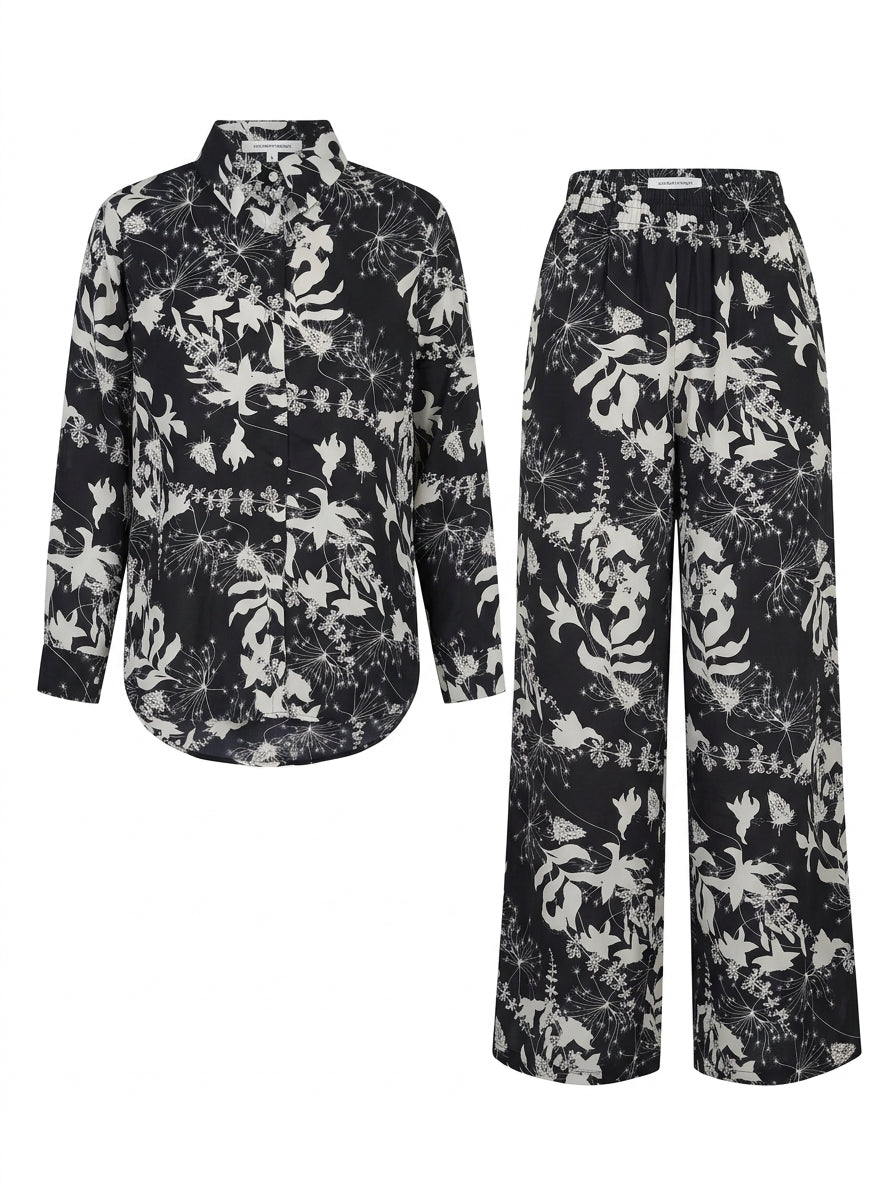 Black & White Floral 2-Piece Shirt & Wide-Leg Pants Set