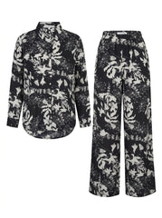 Black & White Floral 2-Piece Shirt & Wide-Leg Pants Set