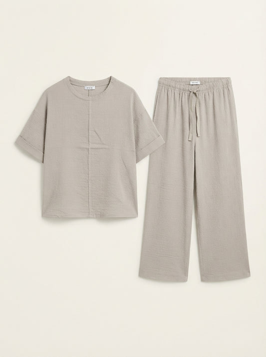 Oysho Taupe Textured Short-Sleeve Co-Ord Set