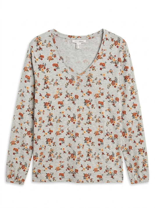 Women's Floral V-Neck Long Sleeve Top – Soft Heather Grey Casual Tee