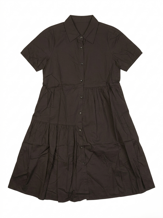 Women's Solid Black Tiered Shirt Dress