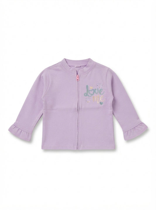 Girls' "Love Me" Glitter Graphic Zip-Up Jacket with Ruffle Cuffs