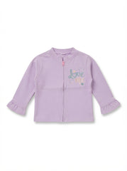 Girls' "Love Me" Glitter Graphic Zip-Up Jacket with Ruffle Cuffs