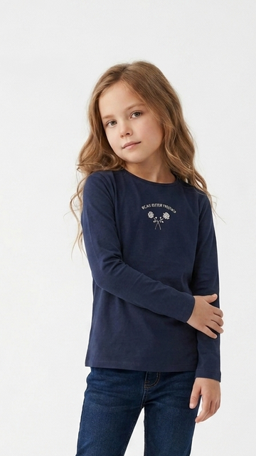 H&M Girls Navy Blue Printed Long Sleeve Tee