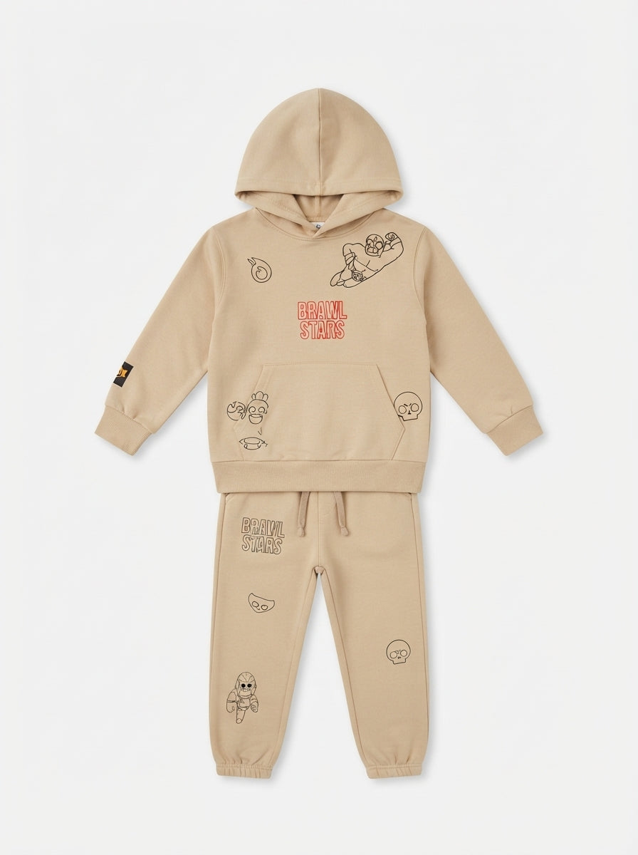 IMPORTED ZR Kids Gaming Character Fleece Hooded Tracksuit Set – Cozy Boys Beige Jogger & Hoodie Outfit