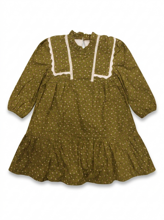 Girls' Vintage Floral Olive Winter Frock