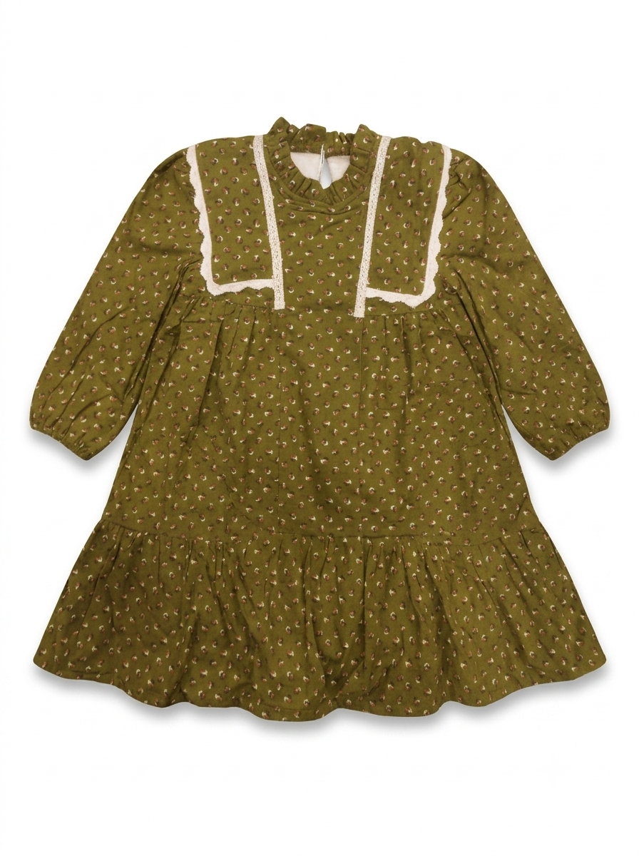 Girls' Vintage Floral Olive Winter Frock
