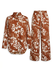 Rust Floral 2-Piece Shirt & Wide-Leg Pants Set
