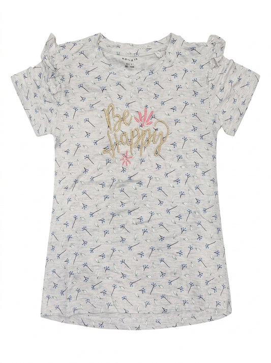 Name It Girls' Grey Floral "Be Happy" T-Shirt with Ruffle Sleeves