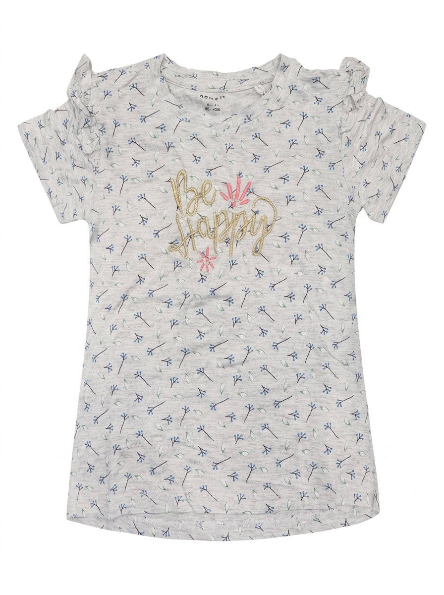 Name It Girls' Grey Floral "Be Happy" T-Shirt with Ruffle Sleeves