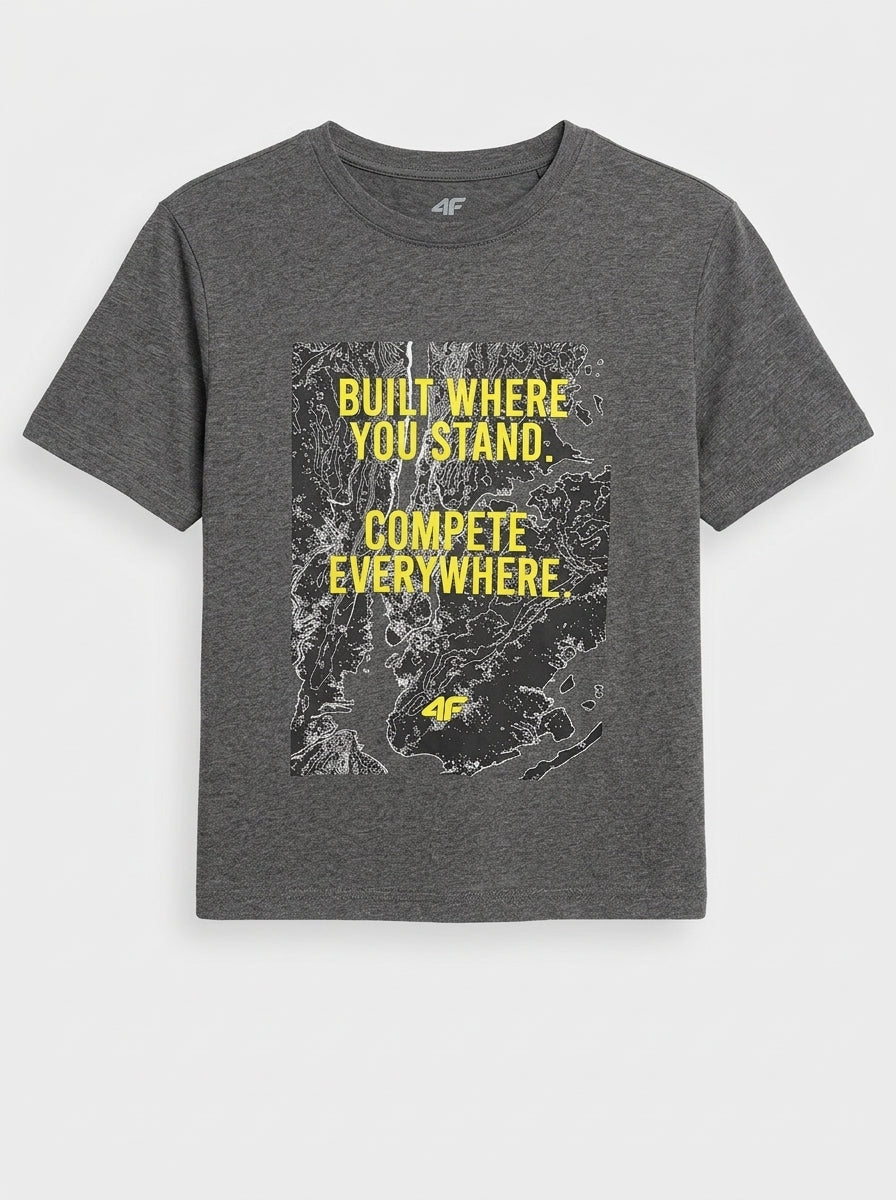 Men's Grey Graphic T-Shirt – "Built Where You Stand" Athletic Crew Neck Tee