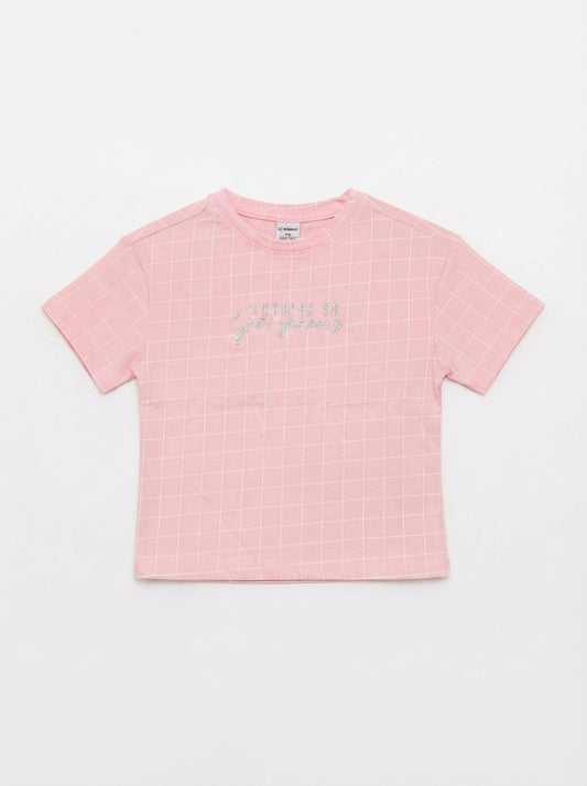 Kids' Pastel Pink Short-Sleeve Graphic Tee with Grid Pattern