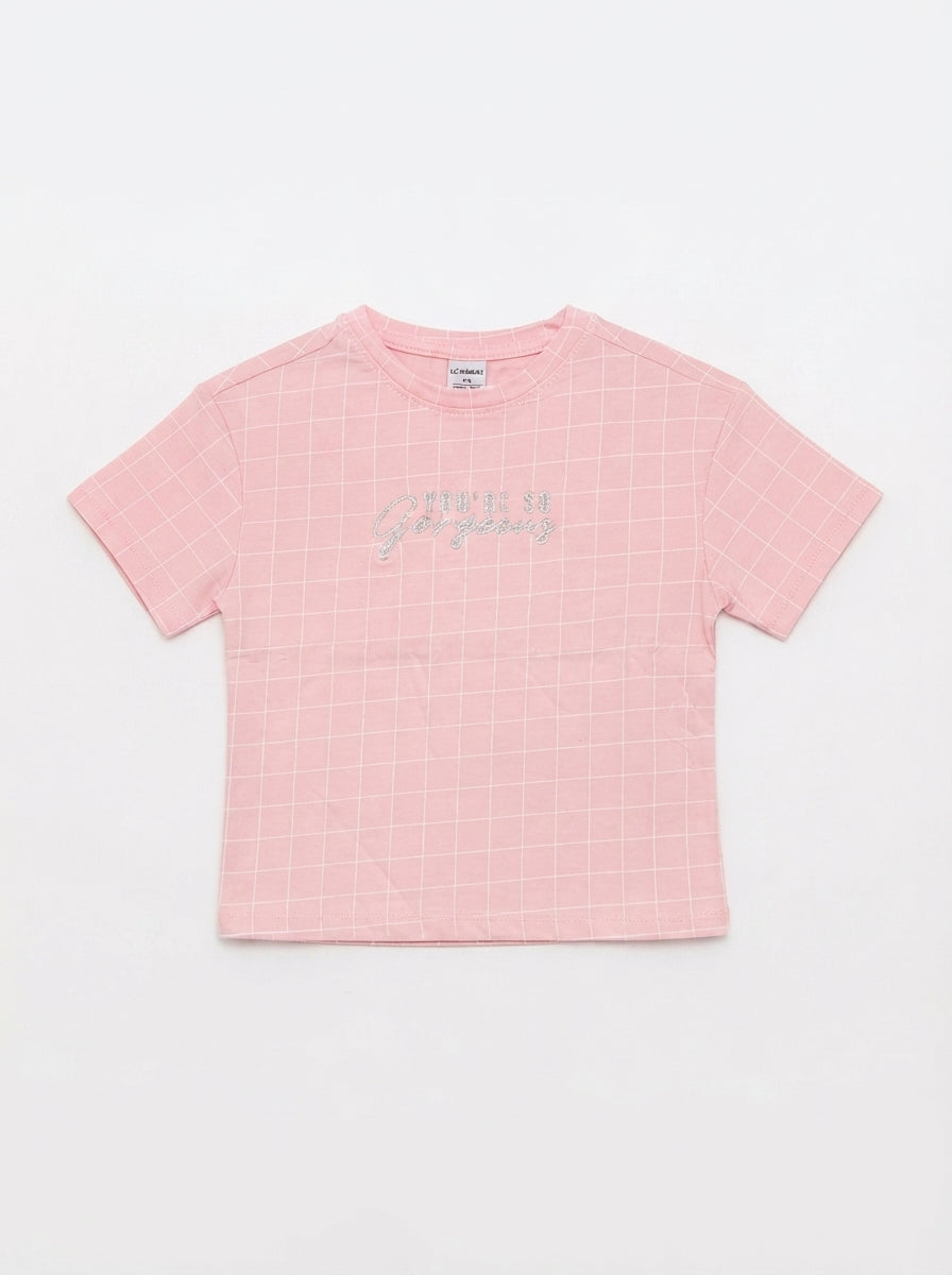 Kids' Pastel Pink Short-Sleeve Graphic Tee with Grid Pattern