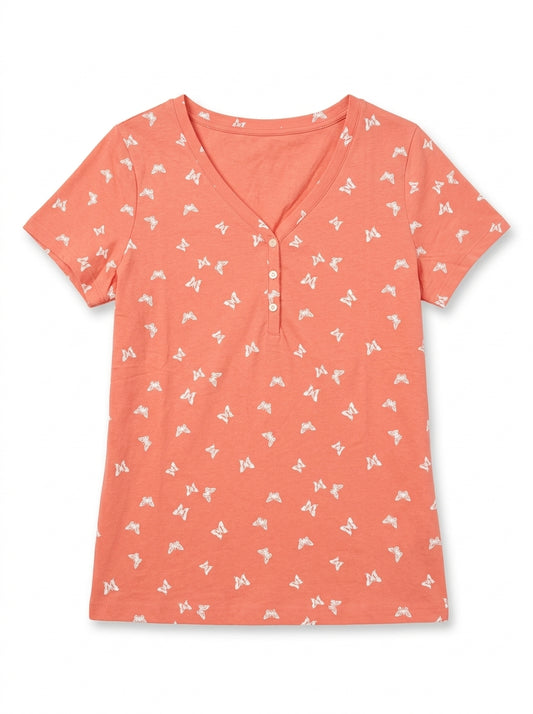Women’s Coral Butterfly Print V-Neck Henley T-Shirt – Short Sleeve Casual Top