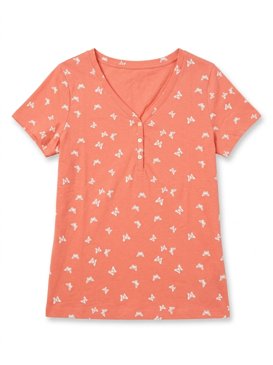 Women’s Coral Butterfly Print V-Neck Henley T-Shirt – Short Sleeve Casual Top