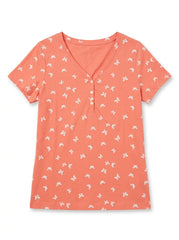 Women’s Coral Butterfly Print V-Neck Henley T-Shirt – Short Sleeve Casual Top