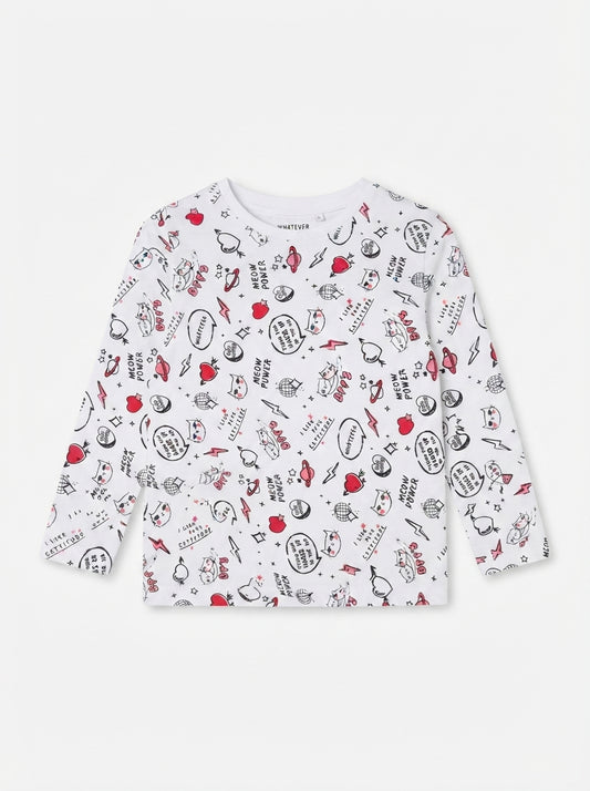Kids' White "Meow Power" Pop Art Long-Sleeve T-Shirt