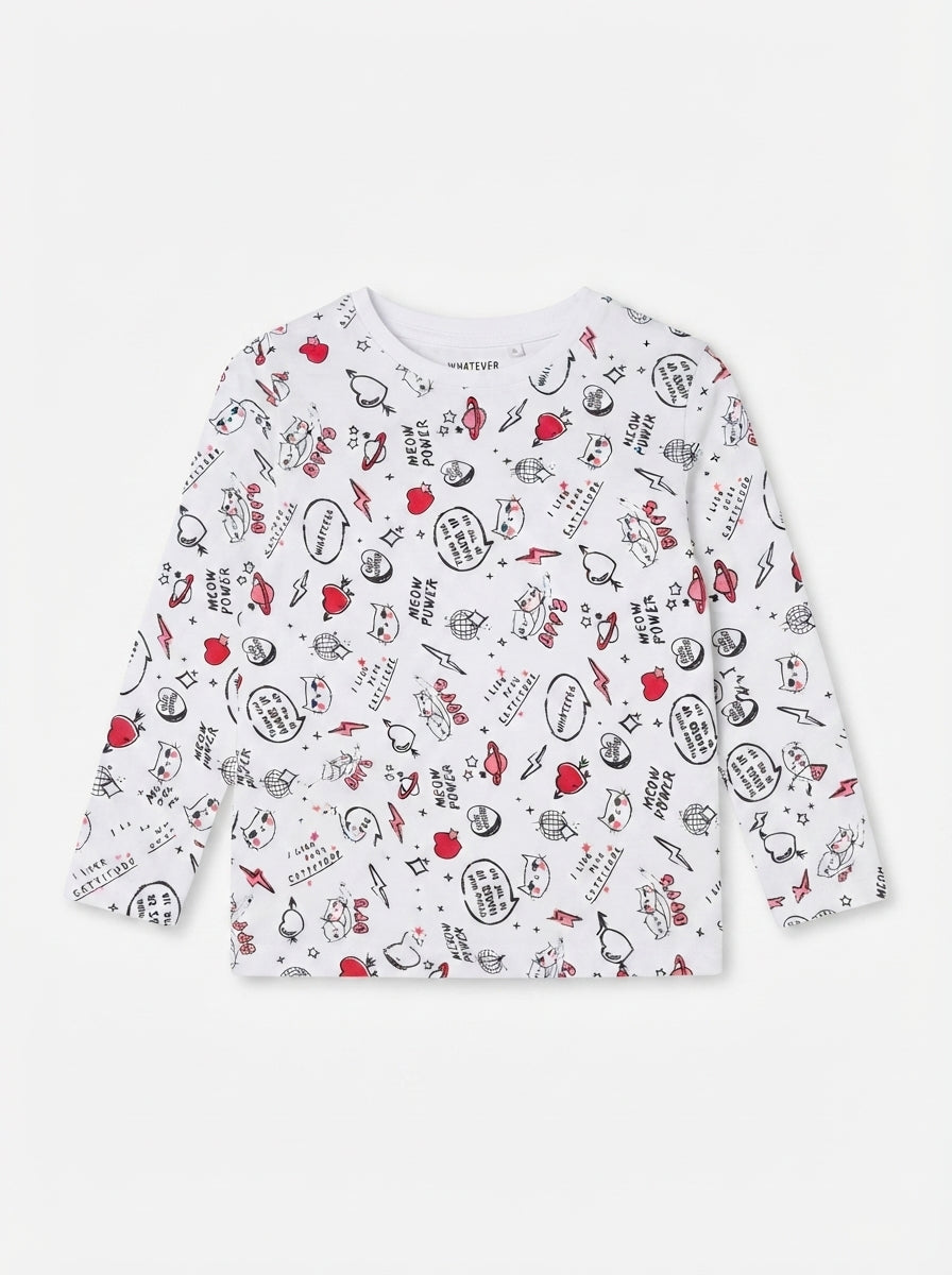 Kids' White "Meow Power" Pop Art Long-Sleeve T-Shirt