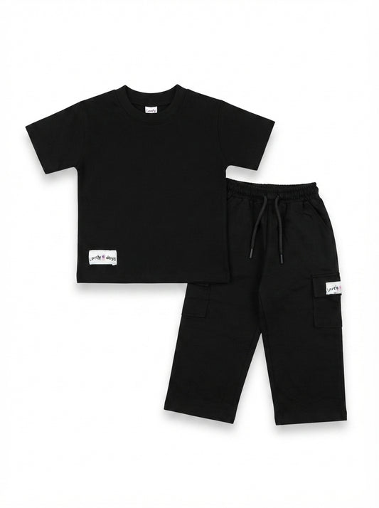 M&S Kids' Black T-Shirt & Cargo Joggers Set | Matching Cotton Outfit