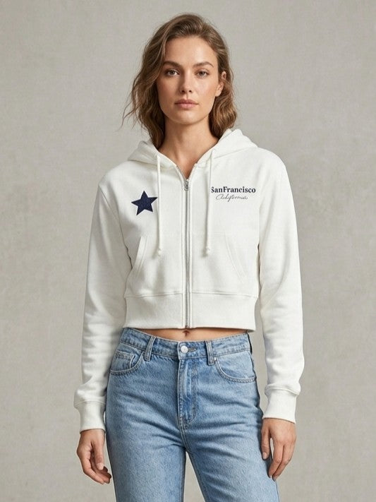 Women's Off-White Cropped Zip-Up Hoodie | San Francisco Graphic Jacket