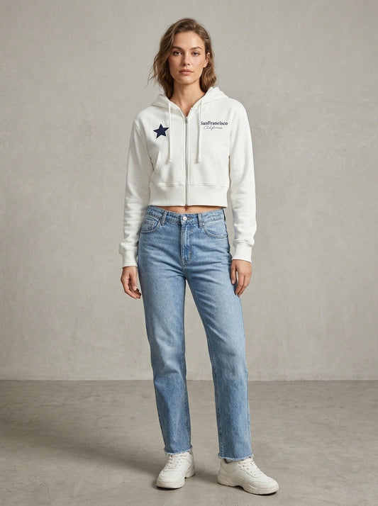 Women's Off-White Cropped Zip-Up Hoodie | San Francisco Graphic Jacket