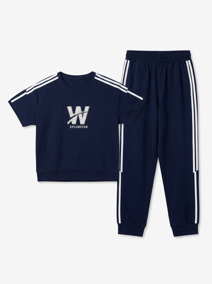 Women's Navy & White Short-Sleeve Tracksuit Set