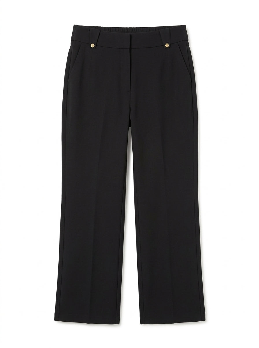 Women's Classic Tailored Black Straight-Leg Trousers with Gold Button Details