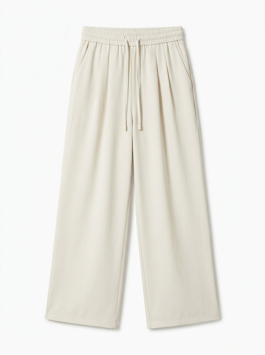Women's Casual High-Waist Beige Wide-Leg Trousers with Drawstring