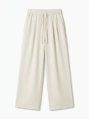 Women's Casual High-Waist Beige Wide-Leg Trousers with Drawstring