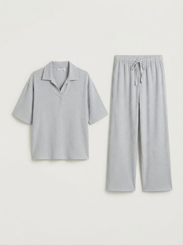 Oysho Light Grey Textured Polo Short-Sleeve Co-Ord Set