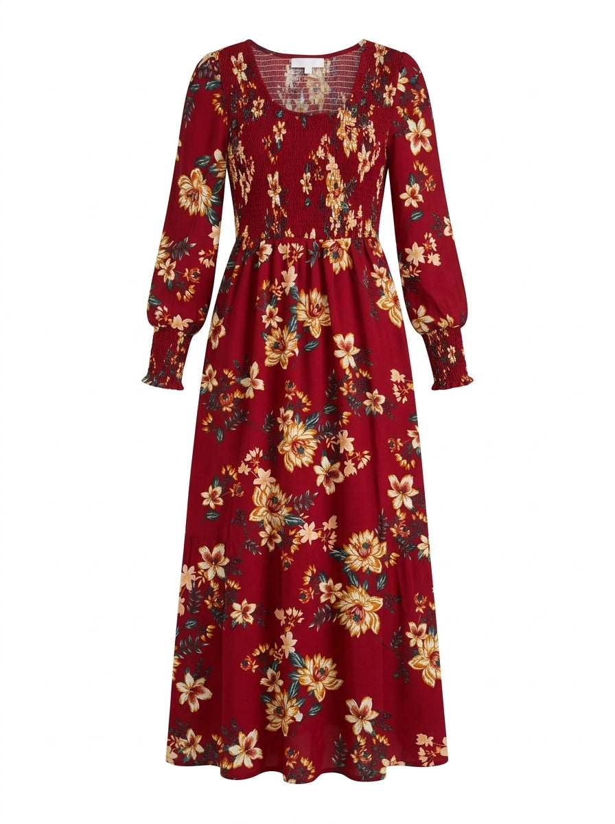 Women’s Floral Print Smocked Long-Sleeve Midi Dress