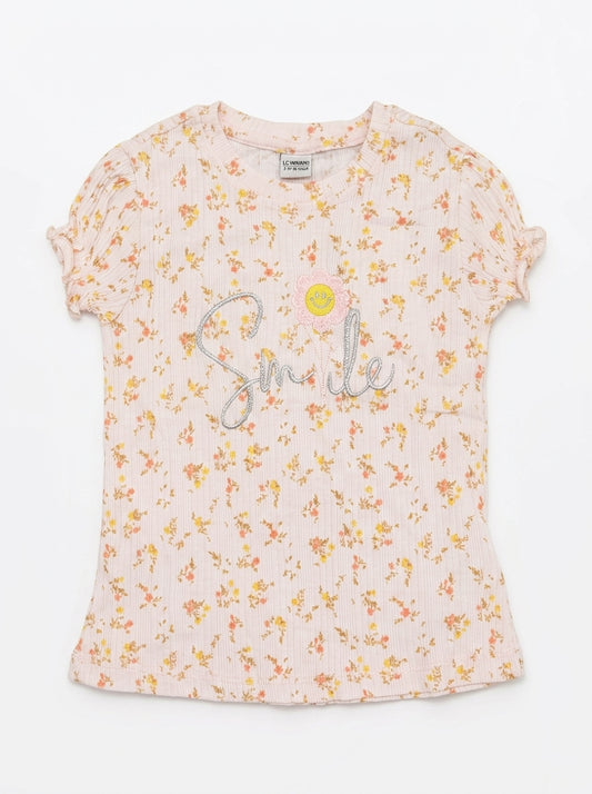 Girls' Pink Floral Ribbed T-Shirt - "Smile" Graphic & Puff Sleeves