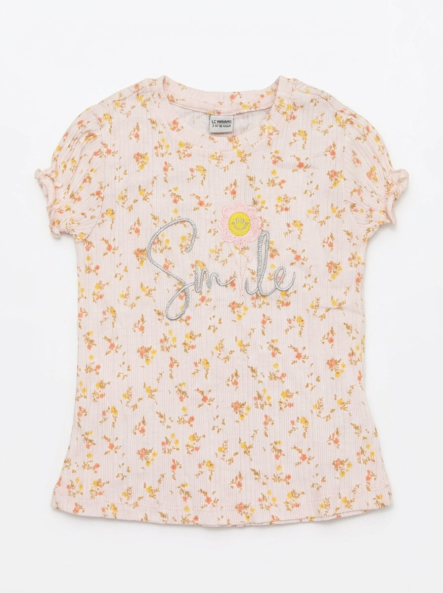 Girls' Pink Floral Ribbed T-Shirt - "Smile" Graphic & Puff Sleeves