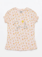 Girls' Pink Floral Ribbed T-Shirt - "Smile" Graphic & Puff Sleeves