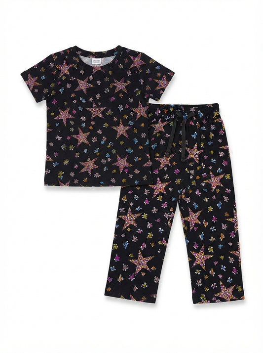 LC Waikiki Girls' Black Star Print Matching Set | T-Shirt & Trousers