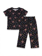 LC Waikiki Girls' Black Star Print Matching Set | T-Shirt & Trousers