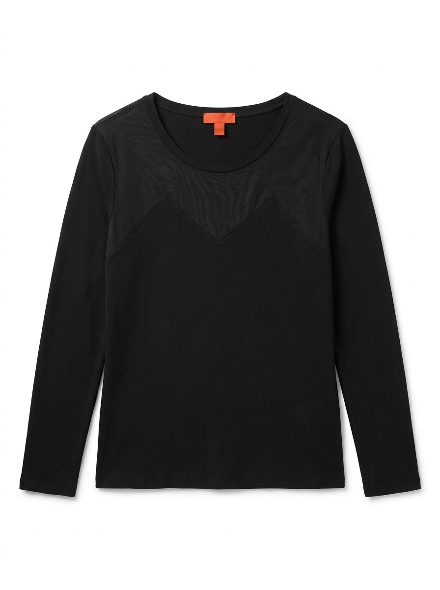 Women's Black Long-Sleeve Bodycon Mesh-Panel Top