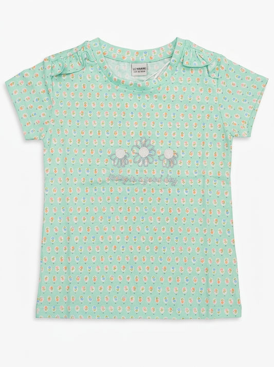 LC Waikiki Girls' Mint Green Floral T-Shirt - "Today is a Good Day" Print