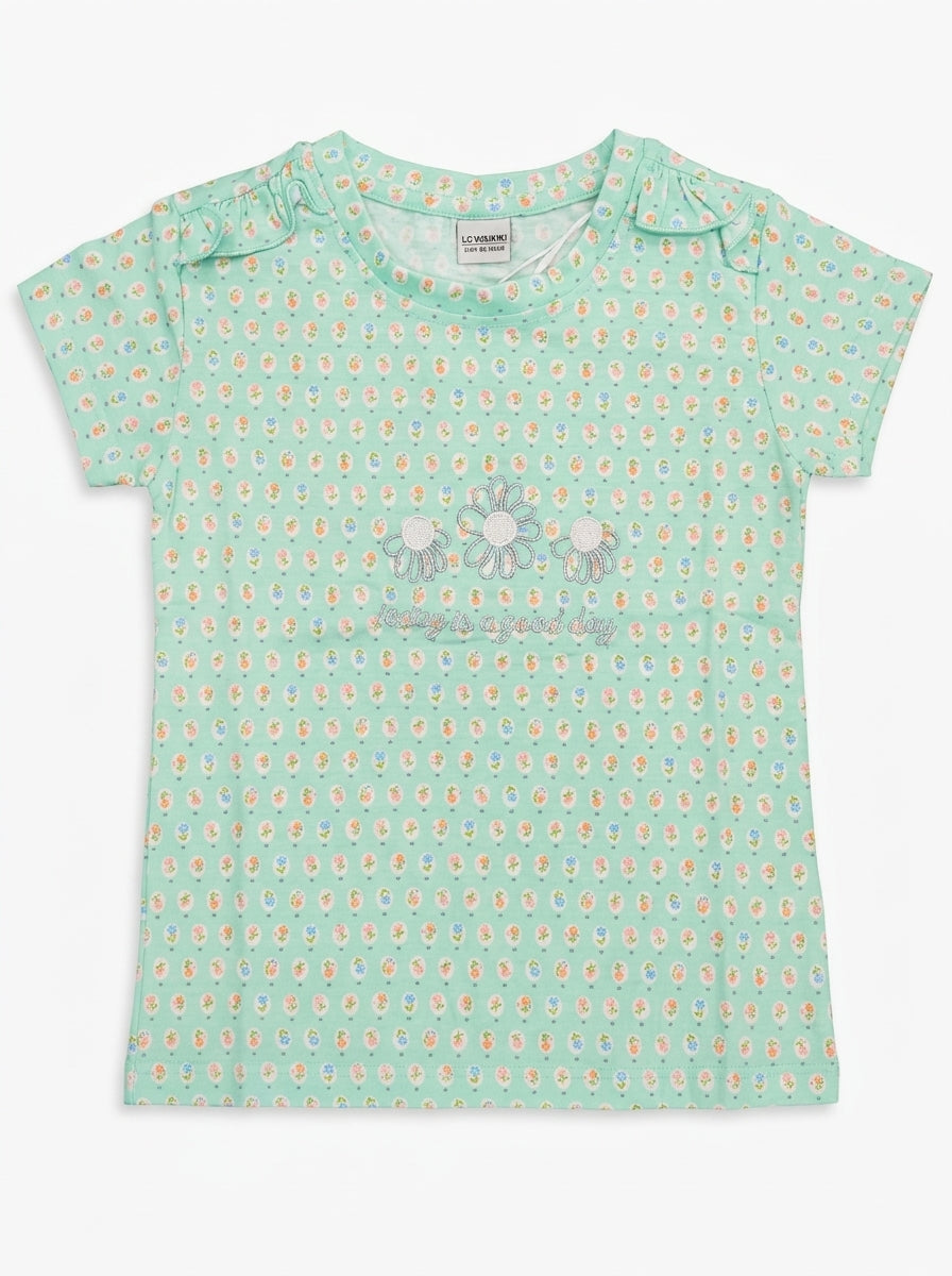 LC Waikiki Girls' Mint Green Floral T-Shirt - "Today is a Good Day" Print