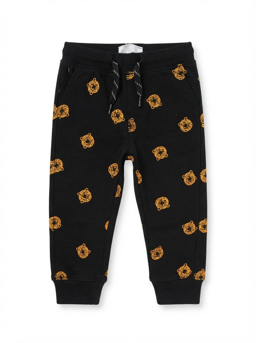 Boys' Black Tiger Print Joggers with Drawstring Waist