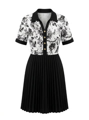 Women Monochrome Floral Collared Pleated Shirt Dress