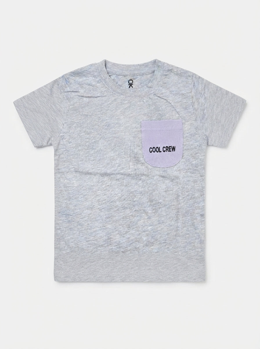Boys' Light Grey Short-Sleeve Tee with Lilac Chest Pocket