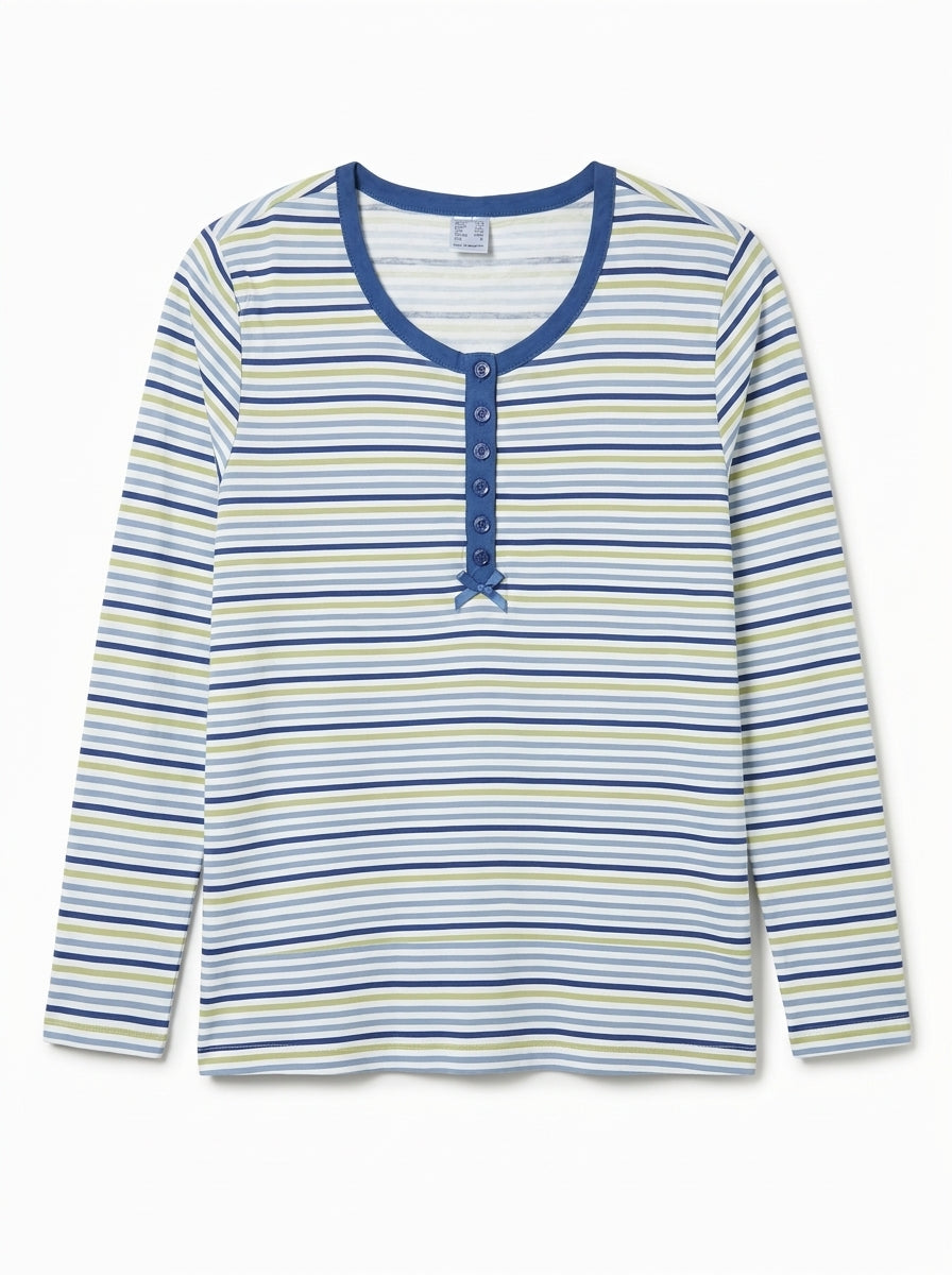 Women's Striped Long-Sleeve Henley T-Shirt
