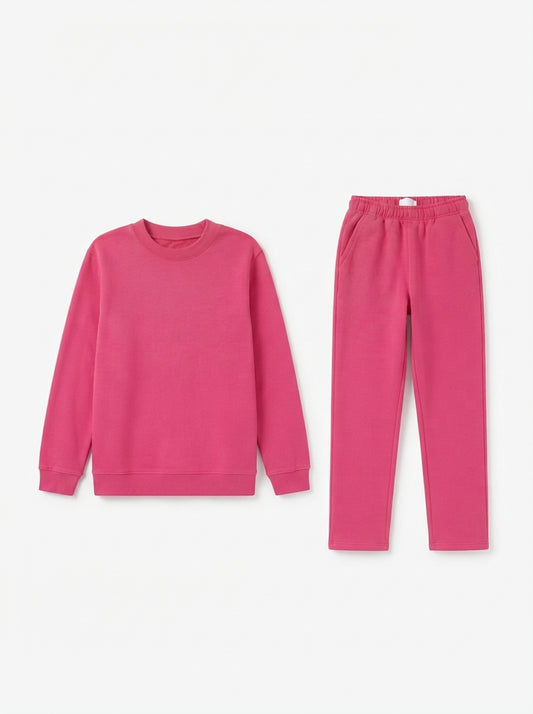 Girls IMPORTED' Fleece Crewneck Sweatshirt and Jogger Tracksuit Set – Pink