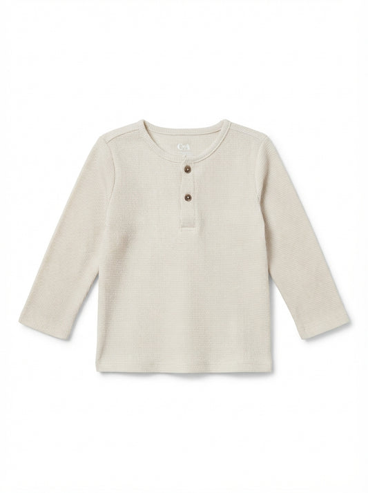 Boys' Waffle-Knit Henley Long-Sleeve Shirt – Cream / Off-White