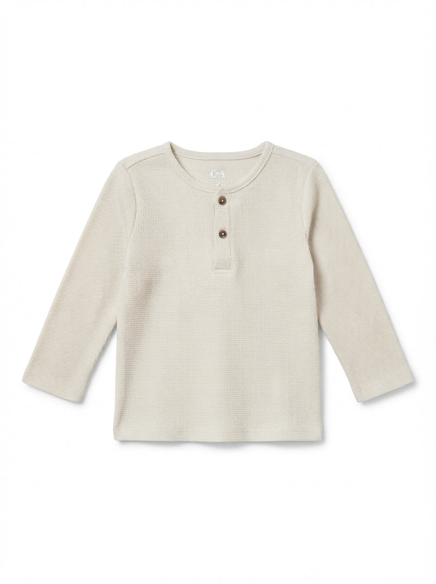 Boys' Waffle-Knit Henley Long-Sleeve Shirt – Cream / Off-White