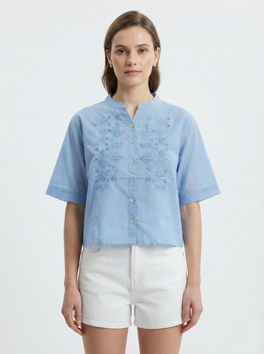 Embroidered Women Mandarin Collar Blouse – Powder Blue