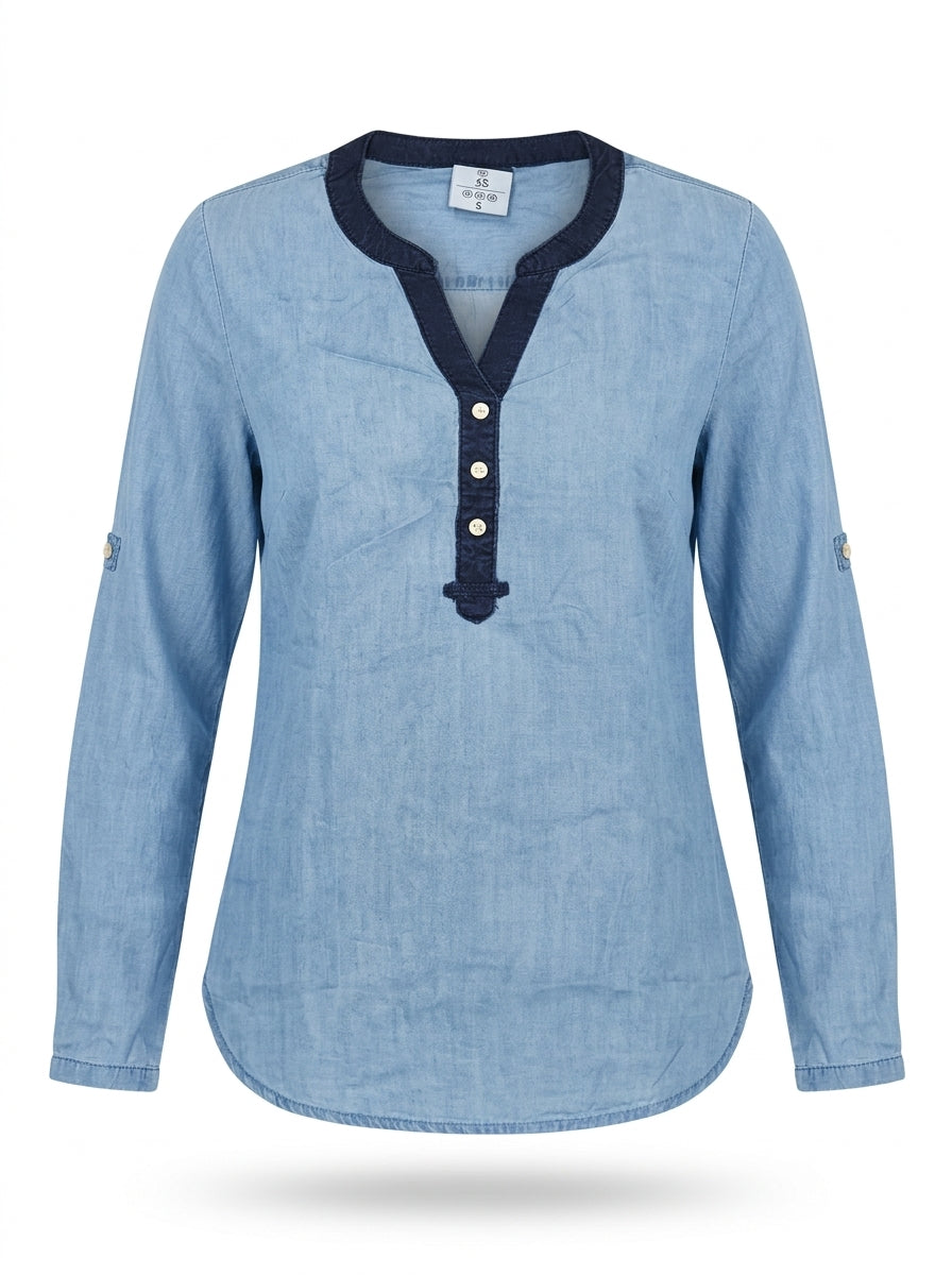 Women’s Denim-Style Contrast Trim Henley Shirt