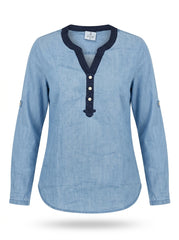 Women’s Denim-Style Contrast Trim Henley Shirt