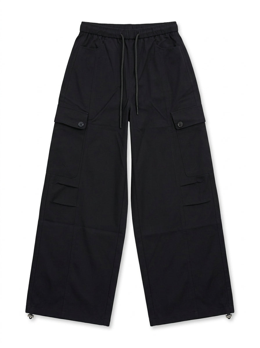 Women's Casual High-Waist Black Wide-Leg Cargo Trousers